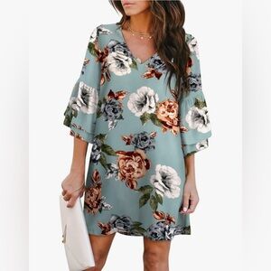 AMAZON Floral V-Neck Bell Sleeve Mini Shift Dress- Size S